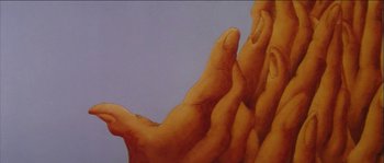Movie still from “The Thief and the Cobbler” (1993), directed by Richard Williams – View of a painting of a person's hands; Extreme Close Up shot, Low angle