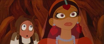 Movie still from “The Thief and the Cobbler” (1993), directed by Richard Williams – A woman's face with a heart on her forehead; Close Up shot, Over the shoulder angle
