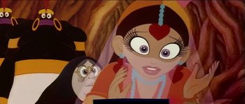 Movie still from “The Thief and the Cobbler” (1993), directed by Richard Williams – An animated woman with a monkey in the background; Close Up shot, High angle