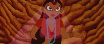 Movie still from “The Thief and the Cobbler” (1993), directed by Richard Williams – A woman in a red shirt is holding a necklace; Close Up shot, High angle