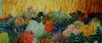 Movie still from “The Thief and the Cobbler” (1993), directed by Richard Williams – A painting of many different types of plants; Extreme Wide shot, Overhead angle