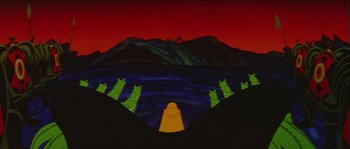 Movie still from “The Thief and the Cobbler” (1993), directed by Richard Williams – A painting of a mountain and a body of water; Extreme Wide shot, Low angle