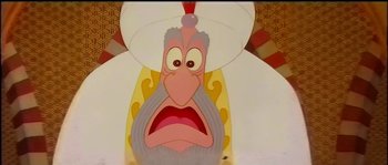 Movie still from “The Thief and the Cobbler” (1993), directed by Richard Williams – An animated character with a surprised look on his face; Close Up shot, Low angle
