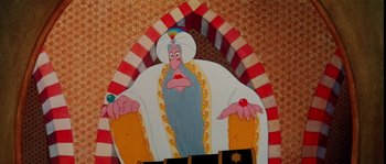 Movie still from “The Thief and the Cobbler” (1993), directed by Richard Williams – A cartoon character in a circus tent; Extreme Close Up shot, Low angle