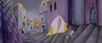Movie still from “The Thief and the Cobbler” (1993), directed by Richard Williams – An animated scene of a man sitting on a staircase; Wide shot, Low angle