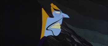 Movie still from “The Thief and the Cobbler” (1993), directed by Richard Williams – A blue and yellow cartoon character is in the dark; Close Up shot, Low angle