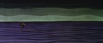 Movie still from “The Thief and the Cobbler” (1993), directed by Richard Williams – A painting of a purple and green landscape with waves; Extreme Wide shot, Low angle