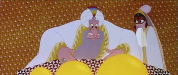 Movie still from “The Thief and the Cobbler” (1993), directed by Richard Williams – An animated picture of a man with a rainbow hat; Medium shot, Overhead angle