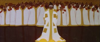 Movie still from “The Thief and the Cobbler” (1993), directed by Richard Williams – A painting of a man in a white robe and a crowd of people; Wide shot, Low angle