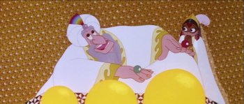 Movie still from “The Thief and the Cobbler” (1993), directed by Richard Williams – A cartoon character with a rainbow on his head; Medium shot, Low angle