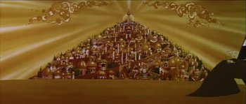 Movie still from “The Thief and the Cobbler” (1993), directed by Richard Williams – A painting of a large city with many buildings and trees; Extreme Wide shot, High angle