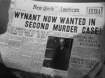 Movie still from “The Thin Man” (1934), directed by W.S. Van Dyke – A black and white photo of the front page of a newspaper; Extreme Close Up shot, Overhead angle