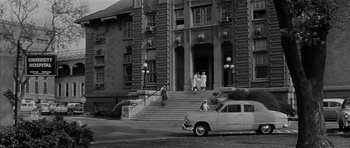 Movie still from “The Three Faces of Eve” (1957), directed by Nunnally Johnson – An old photo of people walking down the steps; Extreme Wide shot, Low angle