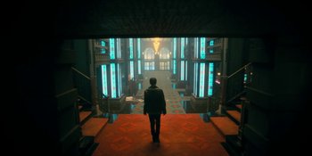 Movie still from “The Umbrella Academy” (2019), created by Steve Blackman – A man walking down a hall way in a building; Extreme Wide shot, Low angle