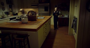 Movie still from “The Visit” (2015), directed by M. Night Shyamalan – A woman taking a picture of a basket of food; Wide shot, High angle