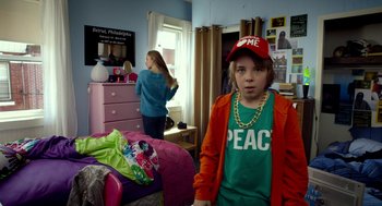 Movie still from “The Visit” (2015), directed by M. Night Shyamalan – Two girls in a room with a bed and a dresser; Medium shot, Over the shoulder angle