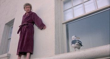 Movie still from “The Woman in Red” (1984), directed by Gene Wilder – A man in a robe standing in front of a bird; Medium shot, Low angle