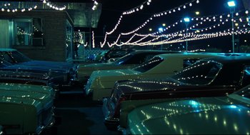 Movie still from “Thief” (1981), directed by Michael Mann – A bunch of cars parked in a parking lot at night; Extreme Wide shot, High angle