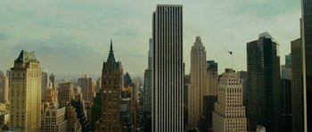 Movie still from “This Must Be the Place” (2011), directed by Paolo Sorrentino – A view of a city skyline from a distance; Extreme Wide shot, High angle
