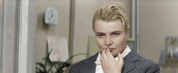 Movie still from “Three Poplars on Plyuschikha Street” (1968), directed by Tatyana Lioznova – A woman with blonde hair and blue eyes is posing for a picture; Close Up shot, Low angle