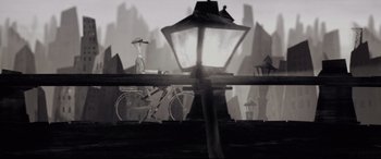 Movie still from “Tigers Are Not Afraid” (2017), directed by Issa López – A bird sitting on top of a wooden railing next to a street light; Wide shot, High angle