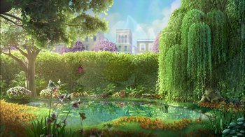 Movie still from “Tinker Bell” (2008), directed by Bradley Raymond – An artistic painting of a garden with a pond and trees; Extreme Wide shot, High angle