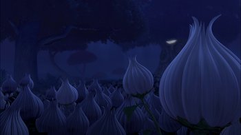 Movie still from “Tinker Bell” (2008), directed by Bradley Raymond – A bunch of flowers that are in the dark; Extreme Wide shot, Low angle