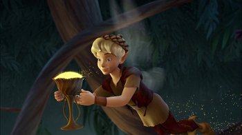 Movie still from “Tinker Bell” (2008), directed by Bradley Raymond – A cartoon of a tinker bell holding a goblet of fire; Medium shot, High angle