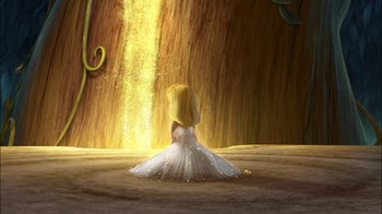 Movie still from “Tinker Bell” (2008), directed by Bradley Raymond – A little girl in a white dress sitting in front of a waterfall; Extreme Wide shot, Low angle