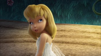 Movie still from “Tinker Bell” (2008), directed by Bradley Raymond – A cartoon of a blonde girl in a white dress; Close Up shot, Low angle