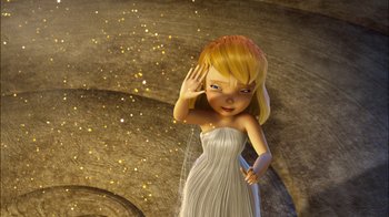 Movie still from “Tinker Bell” (2008), directed by Bradley Raymond – A cartoon of a girl in a white dress; Medium shot, Low angle