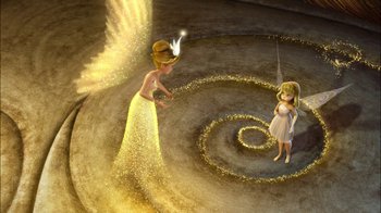 Movie still from “Tinker Bell” (2008), directed by Bradley Raymond – A fairy and an angel are standing next to each other; Wide shot, Overhead angle