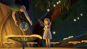 Movie still from “Tinker Bell” (2008), directed by Bradley Raymond – A fairy standing in front of a tree; Wide shot, Over the shoulder angle