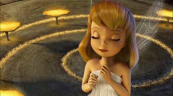 Movie still from “Tinker Bell” (2008), directed by Bradley Raymond – A cartoon of a little girl in a white dress; Close Up shot, High angle