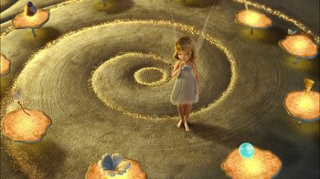 Movie still from “Tinker Bell” (2008), directed by Bradley Raymond – A little girl standing in front of a spiral of sand; Extreme Wide shot, High angle