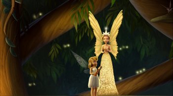 Movie still from “Tinker Bell” (2008), directed by Bradley Raymond – A little girl and a little girl standing next to each other in front of an angel statue; Wide shot, Low angle