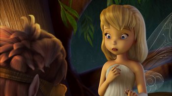 Movie still from “Tinker Bell” (2008), directed by Bradley Raymond – A cartoon of tinkerbell looking at another cartoon character; Medium shot, Over the shoulder angle
