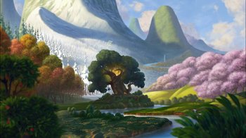 Movie still from “Tinker Bell” (2008), directed by Bradley Raymond – An oil painting of a tree in the middle of a valley; Extreme Wide shot, Low angle