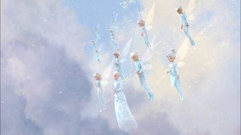 Movie still from “Tinker Bell” (2008), directed by Bradley Raymond – A group of fairies flying through the air; Extreme Wide shot, Low angle