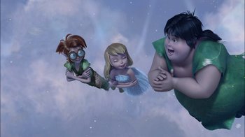 Movie still from “Tinker Bell” (2008), directed by Bradley Raymond – A group of people flying through the air; Wide shot, High angle