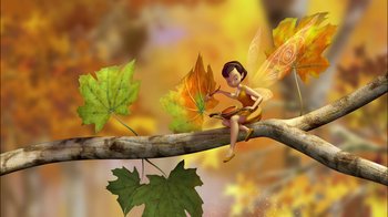 Movie still from “Tinker Bell” (2008), directed by Bradley Raymond – An illustration of a fairy sitting on a tree branch; Extreme Wide shot, High angle