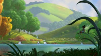 Movie still from “Tinker Bell” (2008), directed by Bradley Raymond – A painting of a lake with a waterfall in the background; Extreme Wide shot, Low angle