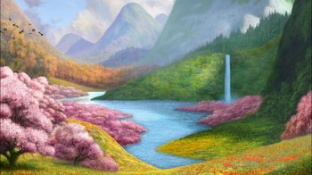 A painting of a river flowing through a lush green valley