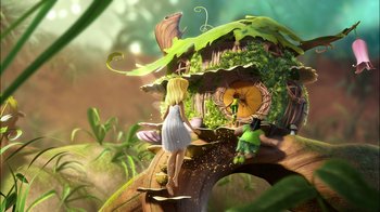 Movie still from “Tinker Bell” (2008), directed by Bradley Raymond – A girl and a boy are standing in front of a tree house; Wide shot, Low angle