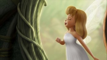 Movie still from “Tinker Bell” (2008), directed by Bradley Raymond – A woman in a white dress is looking at a plant; Close Up shot, Low angle