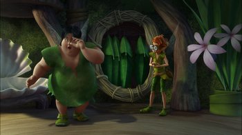 Movie still from “Tinker Bell” (2008), directed by Bradley Raymond – A couple of people standing next to each other in a forest; Wide shot, Over the shoulder angle