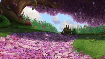 Movie still from “Tinker Bell” (2008), directed by Bradley Raymond – An image of an animated scene with flowers and trees; Extreme Wide shot, High angle