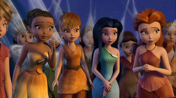 Movie still from “Tinker Bell” (2008), directed by Bradley Raymond – A group of cartoon characters standing next to each other; Medium shot, High angle