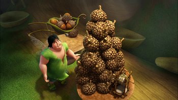 Movie still from “Tinker Bell” (2008), directed by Bradley Raymond – An animated woman standing next to a pile of pineapples; Medium shot, Overhead angle