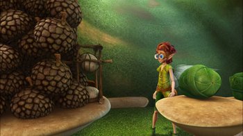 Movie still from “Tinker Bell” (2008), directed by Bradley Raymond – An animated character stands in front of pineapples; Wide shot, Over the shoulder angle